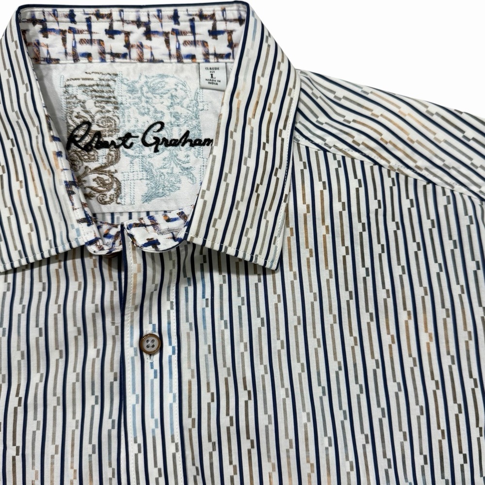 Robert Graham Mens Large Geometric Stripe Button Front Shirt Classic Fit